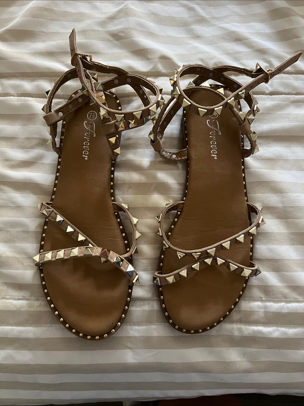 Brown Gladiator Studded Sandals with Gold Accents